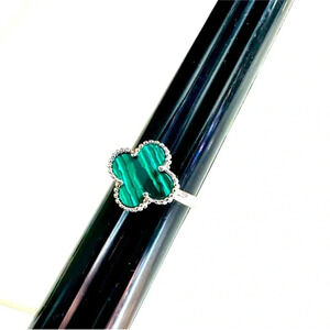 Sterling Silver Four Leaf Clover Malachite Adjustable Ring